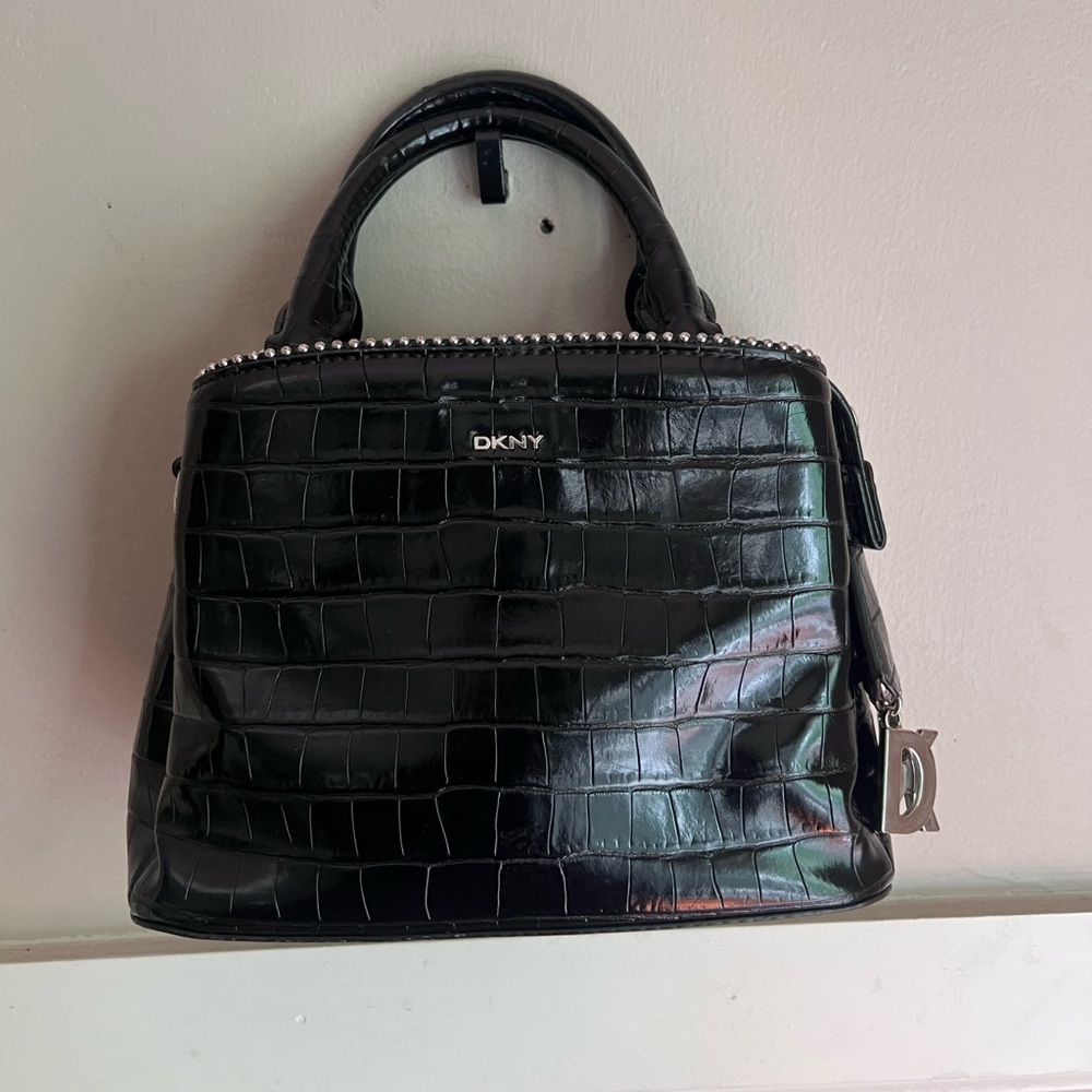 DKNY Black Croc-Embossed Satchel with Top Handles - Picture 2 of 3